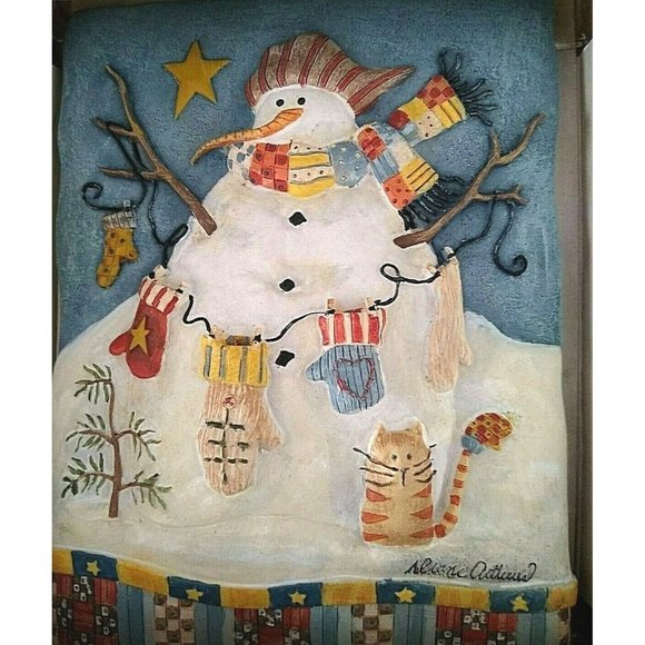 New View Wall Plaque Country Snow Time Winter Snowman Hanging Mittens Cat 3-D - Picture 2 of 7